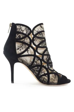 Black floral lace and suede heeled open-toe zip-up ankle booties