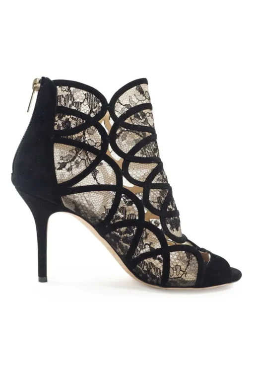 Black floral lace and suede heeled open-toe zip-up ankle booties