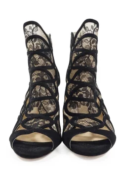 Black floral lace and suede heeled open-toe zip-up ankle booties