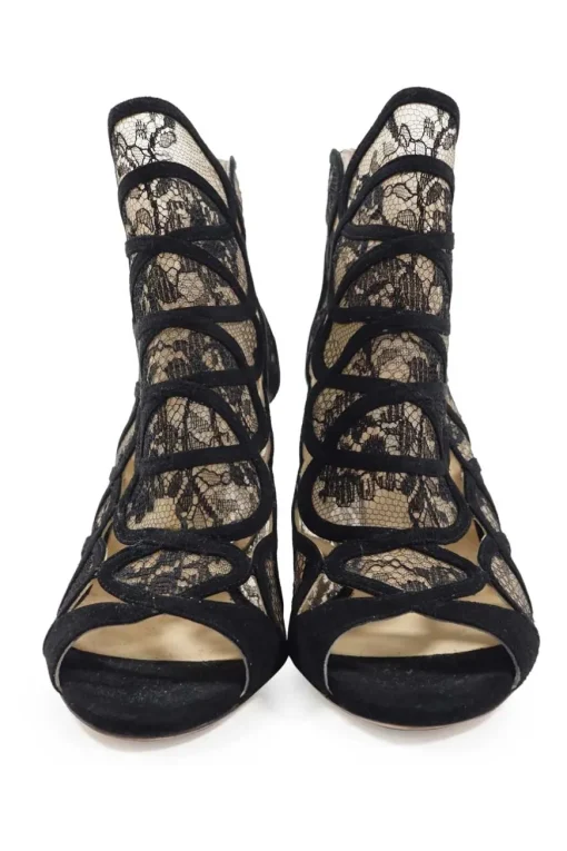 Black floral lace and suede heeled open-toe zip-up ankle booties