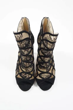 Black floral lace and suede heeled open-toe zip-up ankle booties