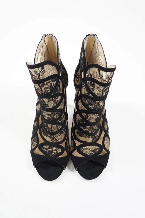 Black floral lace and suede heeled open-toe zip-up ankle booties