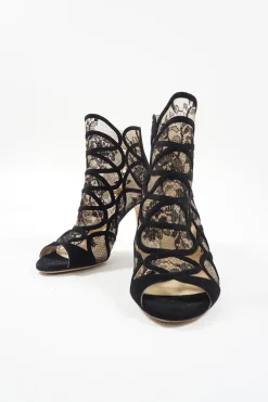 Black floral lace and suede heeled open-toe zip-up ankle booties