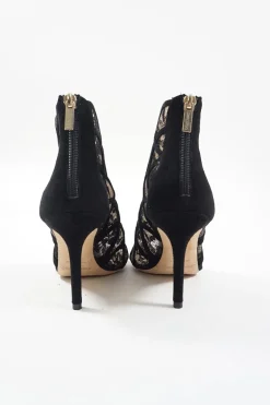 Black floral lace and suede heeled open-toe zip-up ankle booties