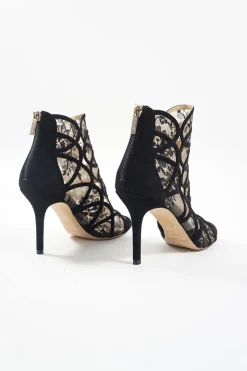 Black floral lace and suede heeled open-toe zip-up ankle booties