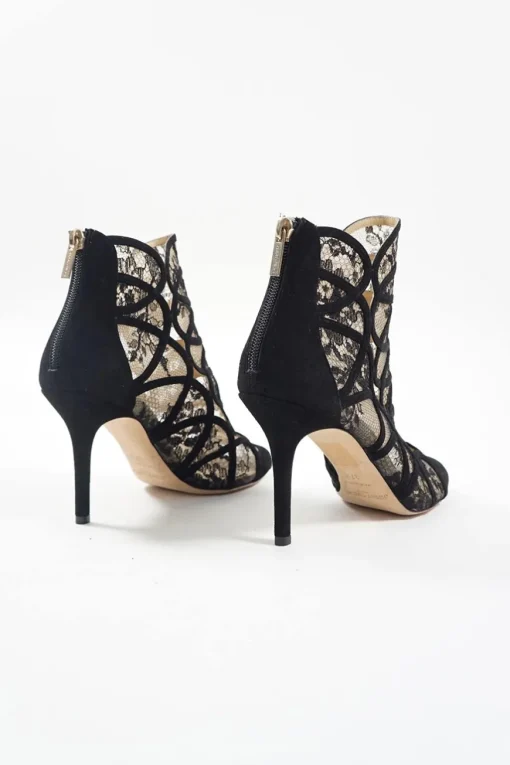Black floral lace and suede heeled open-toe zip-up ankle booties