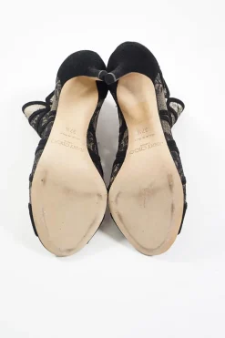 Black floral lace and suede heeled open-toe zip-up ankle booties
