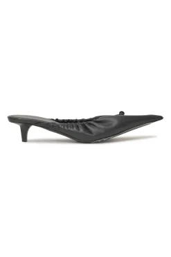 Black gathered supple lambskin pointed-toe Scrunch Knife mules with toggle vamps and comma heels