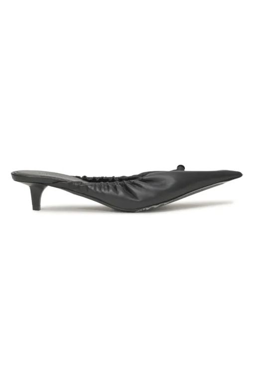 Black gathered supple lambskin pointed-toe Scrunch Knife mules with toggle vamps and comma heels