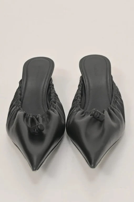 Black gathered supple lambskin pointed-toe Scrunch Knife mules with toggle vamps and comma heels