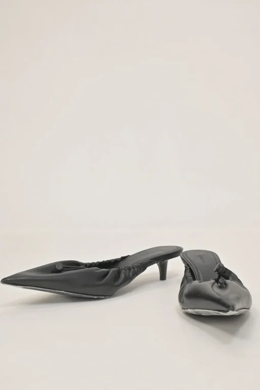 Black gathered supple lambskin pointed-toe Scrunch Knife mules with toggle vamps and comma heels