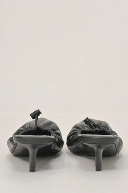 Black gathered supple lambskin pointed-toe Scrunch Knife mules with toggle vamps and comma heels