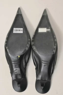 Black gathered supple lambskin pointed-toe Scrunch Knife mules with toggle vamps and comma heels