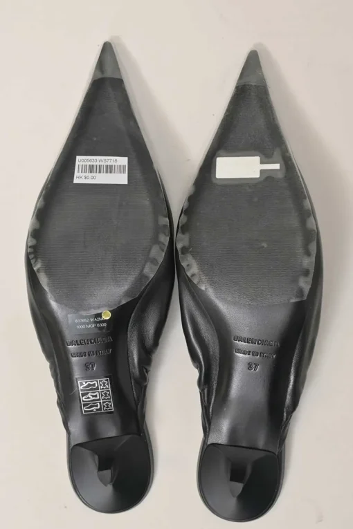 Black gathered supple lambskin pointed-toe Scrunch Knife mules with toggle vamps and comma heels
