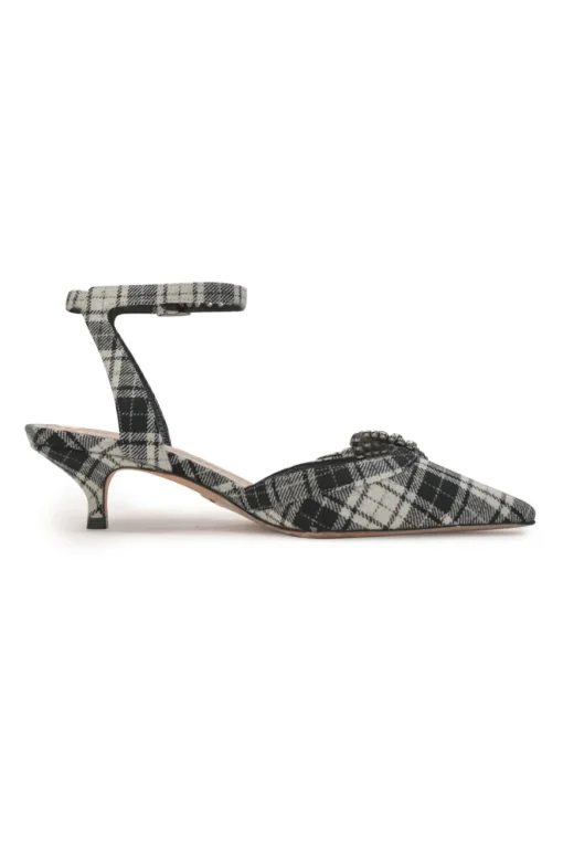 Black Glen check tweed and leather pointed-toe D'Orsay court pumps with crystal-embellished vamp buckle appliqué