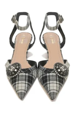 Black Glen check tweed and leather pointed-toe D'Orsay court pumps with crystal-embellished vamp buckle appliqué
