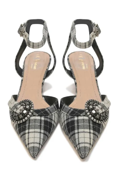 Black Glen check tweed and leather pointed-toe D'Orsay court pumps with crystal-embellished vamp buckle appliqué