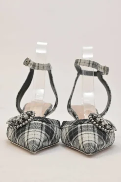 Black Glen check tweed and leather pointed-toe D'Orsay court pumps with crystal-embellished vamp buckle appliqué