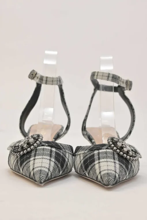 Black Glen check tweed and leather pointed-toe D'Orsay court pumps with crystal-embellished vamp buckle appliqué