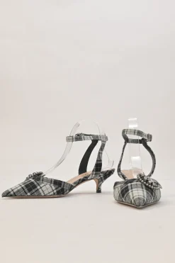 Black Glen check tweed and leather pointed-toe D'Orsay court pumps with crystal-embellished vamp buckle appliqué