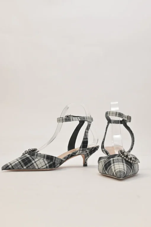 Black Glen check tweed and leather pointed-toe D'Orsay court pumps with crystal-embellished vamp buckle appliqué