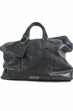 Black grained calf twin handle tote bag with top zip opening.