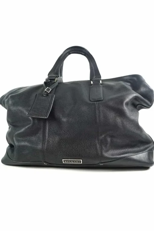 Black grained calf twin handle tote bag with top zip opening.