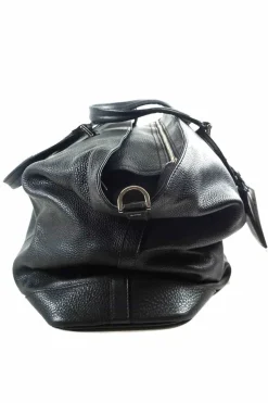 Black grained calf twin handle tote bag with top zip opening.