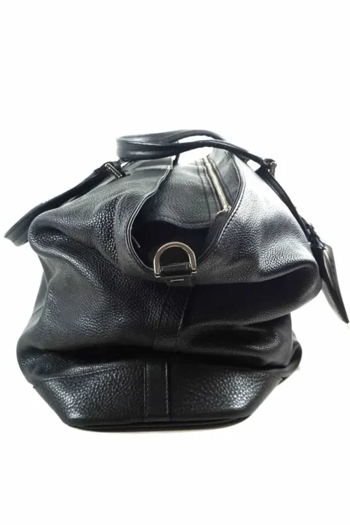 Black grained calf twin handle tote bag with top zip opening.