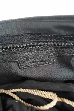 Black grained calf twin handle tote bag with top zip opening.