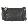 Black grained leather perforated cross-body bag with CC logo on side panels and silver hardware and chain strap
