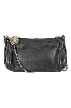 Black grained leather perforated cross-body bag with CC logo on side panels and silver hardware and chain strap