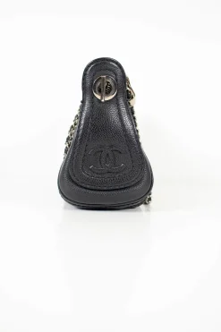 Black grained leather perforated cross-body bag with CC logo on side panels and silver hardware and chain strap