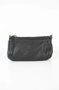 Black grained leather perforated cross-body bag with CC logo on side panels and silver hardware and chain strap