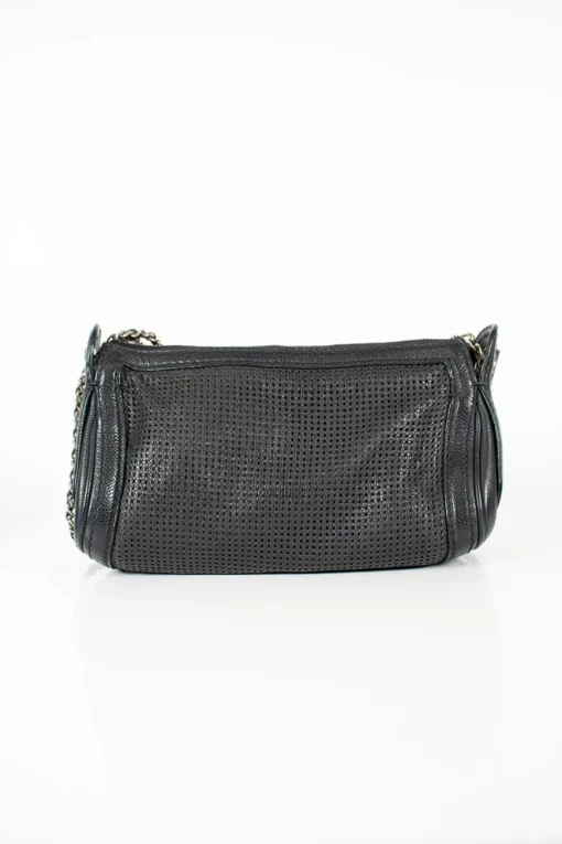 Black grained leather perforated cross-body bag with CC logo on side panels and silver hardware and chain strap