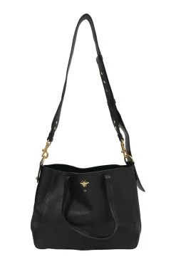 Black grained leather tote bag with gold-tone hardware