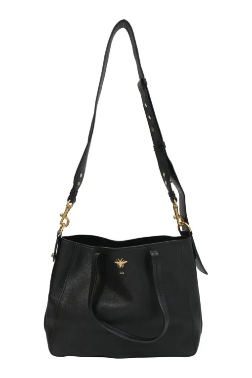 Black grained leather tote bag with gold-tone hardware