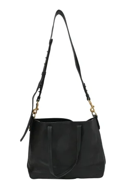 Black grained leather tote bag with gold-tone hardware
