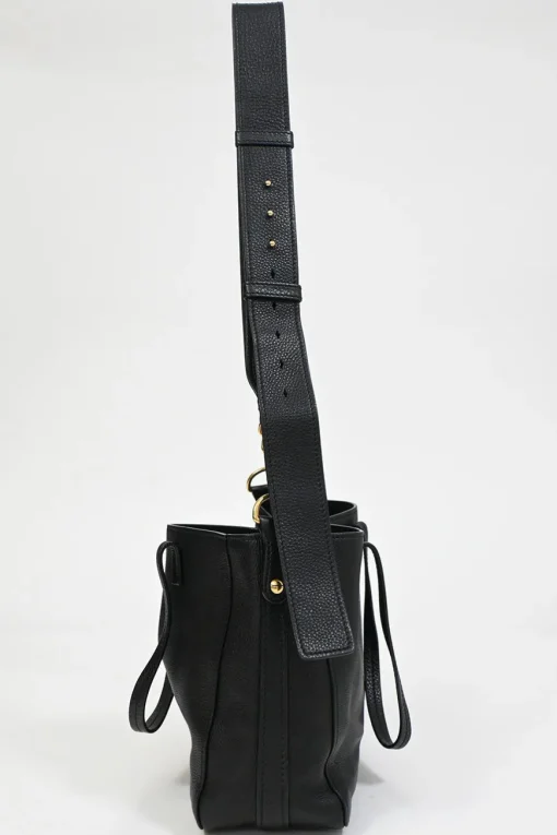 Black grained leather tote bag with gold-tone hardware