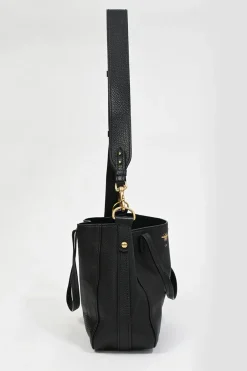 Black grained leather tote bag with gold-tone hardware