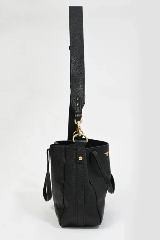 Black grained leather tote bag with gold-tone hardware