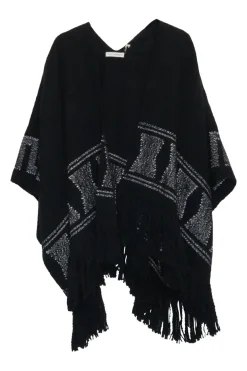 Black handwoven cotton Andean wrap-front fringe shawl
