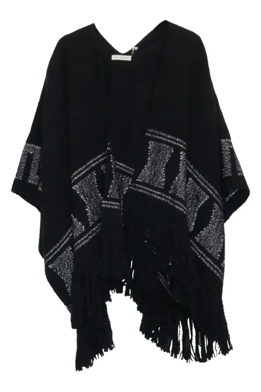 Black handwoven cotton Andean wrap-front fringe shawl