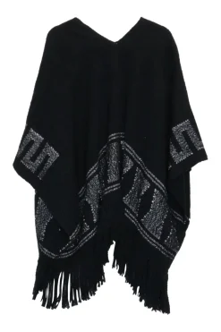 Black handwoven cotton Andean wrap-front fringe shawl