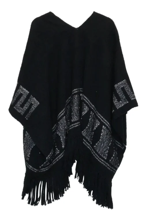 Black handwoven cotton Andean wrap-front fringe shawl