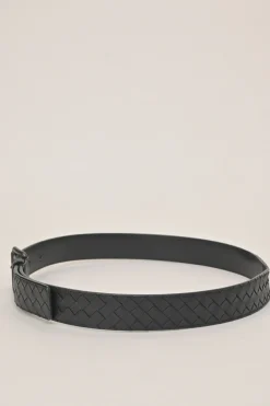Black intrecciato nappa leather buckle belt