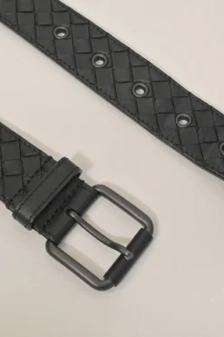 Black intrecciato nappa leather buckle belt