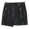 Black lambskin leather wrap-front biker mini skirt with fixed buckle belt fastening at side