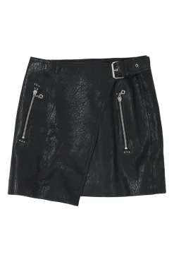 Black lambskin leather wrap-front biker mini skirt with fixed buckle belt fastening at side
