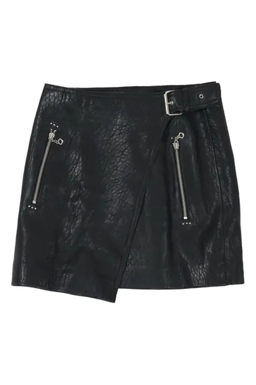 Black lambskin leather wrap-front biker mini skirt with fixed buckle belt fastening at side